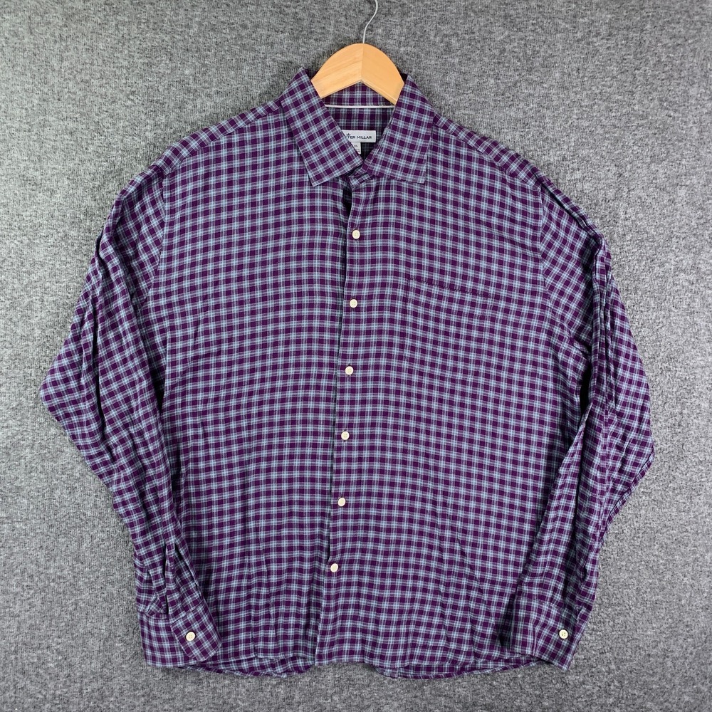 Peter Millar Flannel Shirt Men Extra Large Check Purple Button Up Long Sleeve
